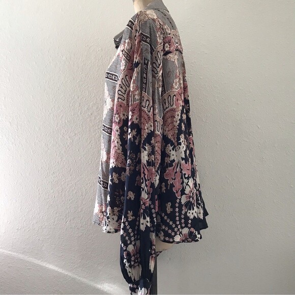 Free People Black Pink Oversized Floral Striped Long Sleeve Blouse Top - M - Picture 3 of 8